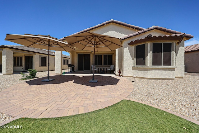 rear view of house featuring a tile roof, a patio area, and stucco siding
