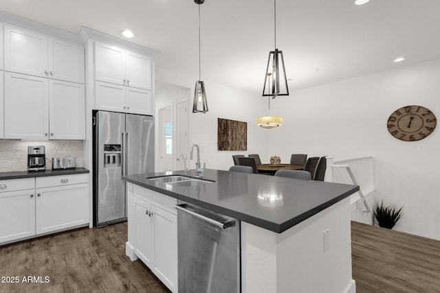 6565 E Thomas Rd Unit 1096, Scottsdale, AZ 85251 - kitchen featuring stainless steel appliances, a sink, dark countertops, dark wood-style floors, and white cabinets