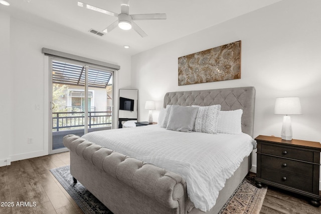 6565 E Thomas Rd Unit 1096, Scottsdale, AZ 85251 - bedroom with access to exterior, wood finished floors, baseboards, and a ceiling fan