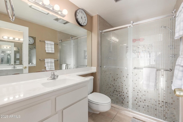 full bathroom with visible vents, toilet, a stall shower, vanity, and tile patterned floors