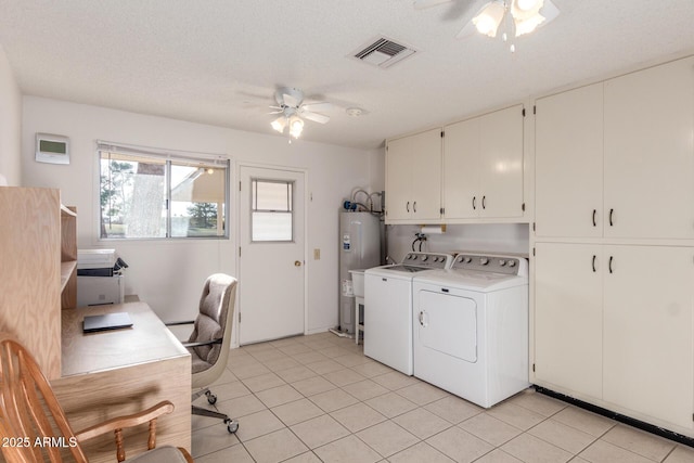 laundry room with washing machine and clothes dryer, cabinet space, visible vents, electric water heater, and ceiling fan