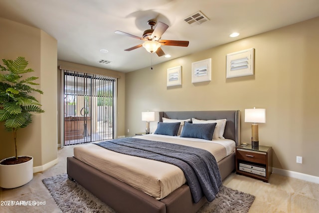 bedroom featuring visible vents, baseboards, light colored carpet, and access to outside