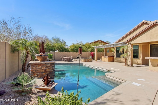 view of pool featuring a fenced in pool, an outdoor kitchen, a fenced backyard, a pergola, and a patio area