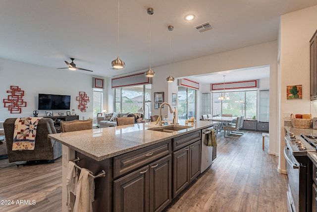 kitchen featuring a kitchen island with sink, sink, plenty of natural light, and stainless steel appliances