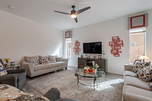 living room with ceiling fan and wood-type flooring