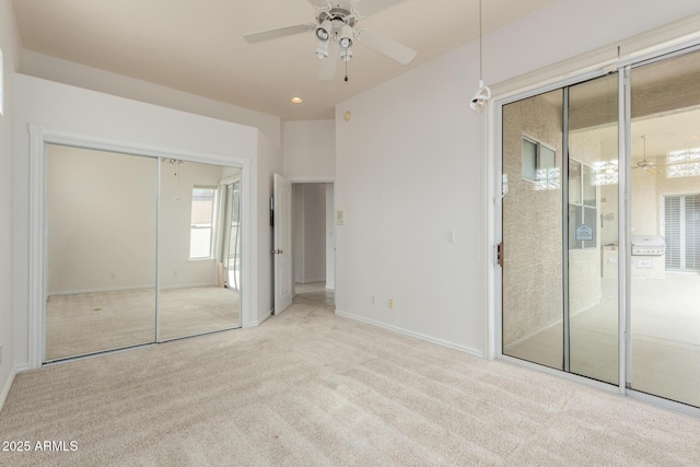 unfurnished bedroom with baseboards, a ceiling fan, carpet flooring, and recessed lighting