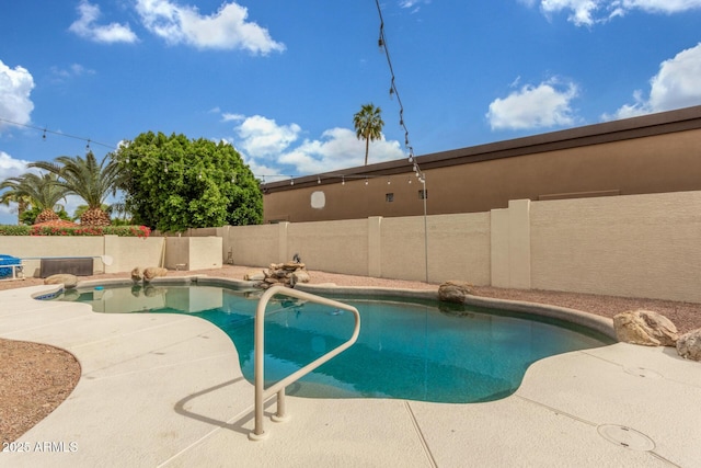 view of pool featuring a fenced backyard, a fenced in pool, and a patio
