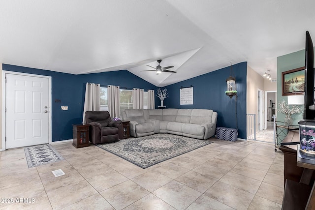 living room featuring light tile patterned flooring, lofted ceiling, and ceiling fan