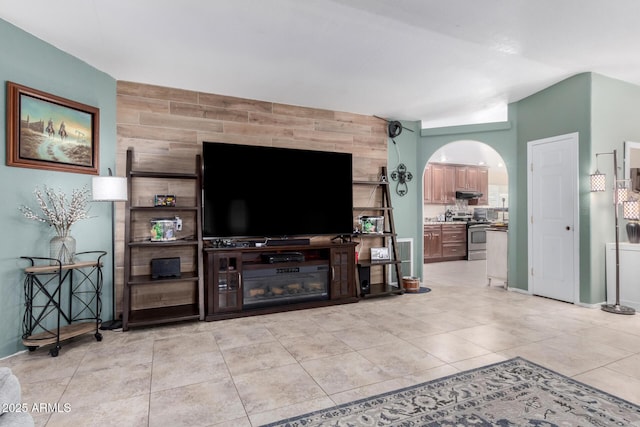 living room with light tile patterned floors