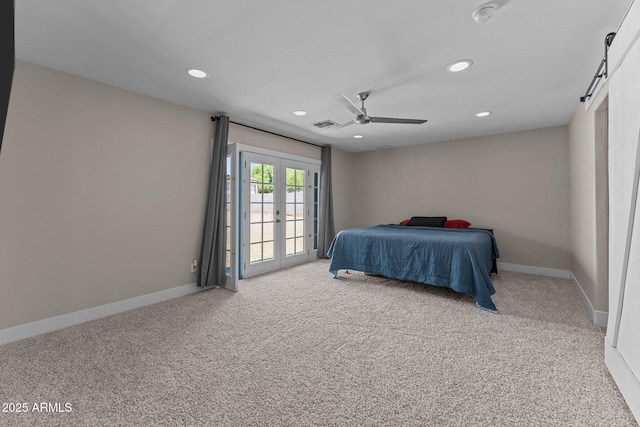 4602 W Monte Cristo Ave, Glendale, AZ 85306 - bedroom featuring french doors, carpet floors, access to exterior, recessed lighting, and a ceiling fan