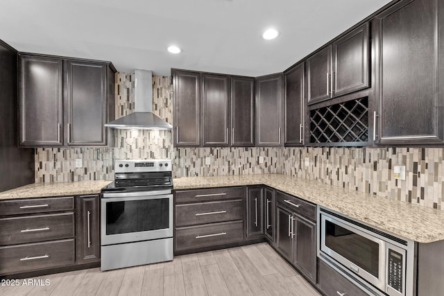4602 W Monte Cristo Ave, Glendale, AZ 85306 - kitchen featuring appliances with stainless steel finishes, wall chimney exhaust hood, backsplash, light wood finished floors, and recessed lighting