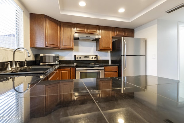 kitchen with dark countertops, a raised ceiling, visible vents, stainless steel appliances, and under cabinet range hood