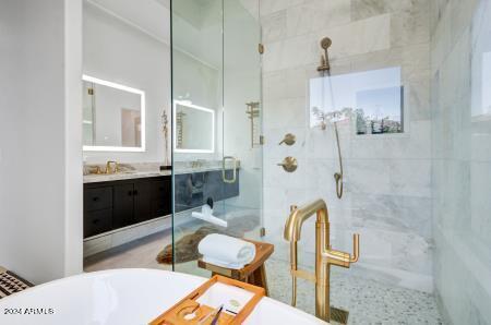 bathroom with shower with separate bathtub and vanity