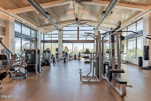 workout area featuring wood ceiling, ceiling fan, and high vaulted ceiling