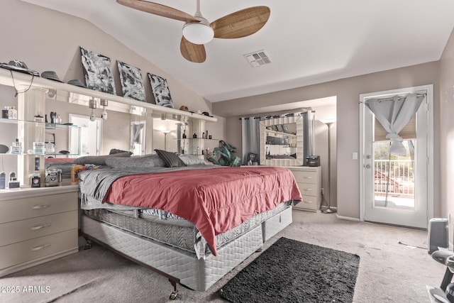 bedroom featuring a ceiling fan, carpet, visible vents, access to exterior, and vaulted ceiling