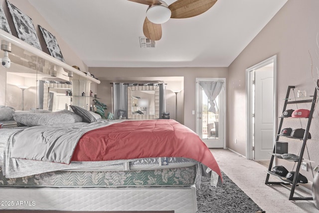 bedroom featuring access to exterior, visible vents, light colored carpet, and lofted ceiling