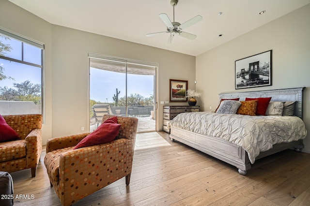 bedroom with ceiling fan, light hardwood / wood-style floors, and access to outside