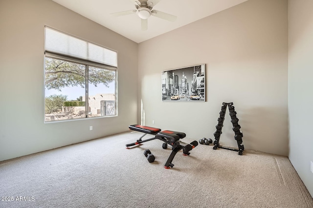 workout room with carpet flooring and ceiling fan