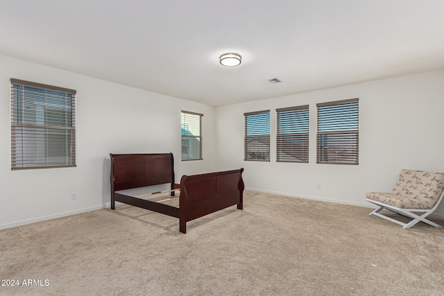 bedroom with light colored carpet