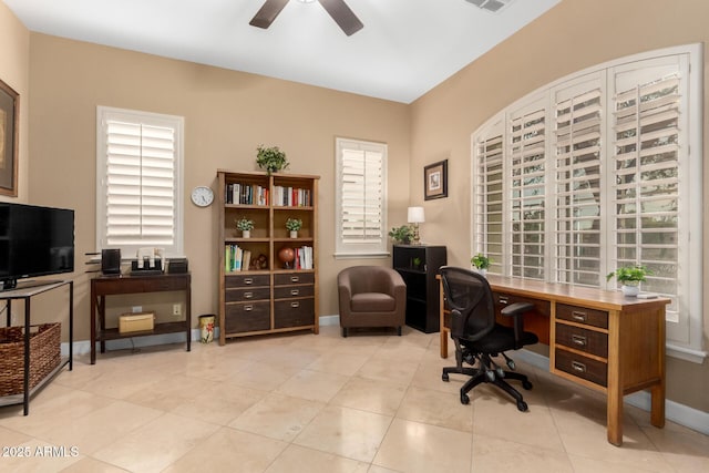 13336 W Via Caballo Blanco, Peoria, AZ 85383 - tiled office with visible vents, a ceiling fan, and baseboards