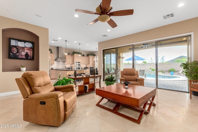 13336 W Via Caballo Blanco, Peoria, AZ 85383 - living area featuring recessed lighting, visible vents, light tile patterned floors, baseboards, and ceiling fan