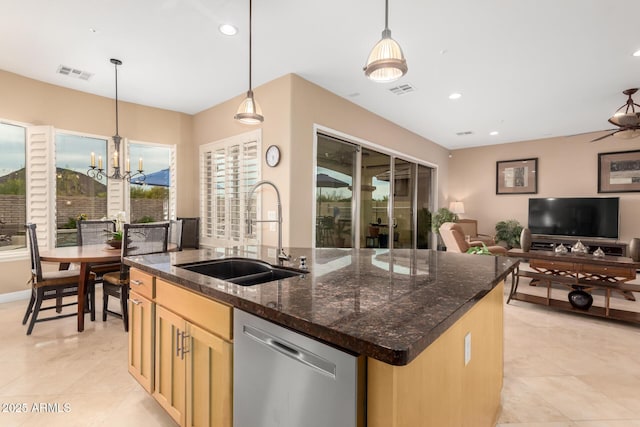 13336 W Via Caballo Blanco, Peoria, AZ 85383 - kitchen with a sink, a kitchen island with sink, light tile patterned floors, dishwasher, and visible vents