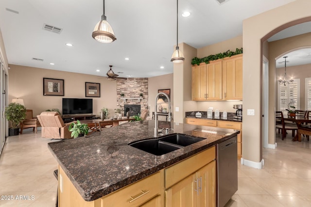 13336 W Via Caballo Blanco, Peoria, AZ 85383 - kitchen featuring light brown cabinets, a sink, ceiling fan with notable chandelier, dishwasher, and visible vents