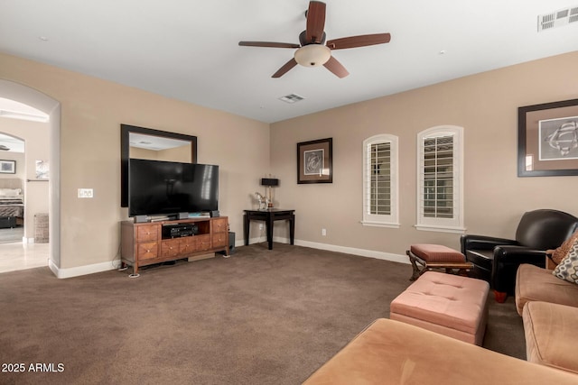 13336 W Via Caballo Blanco, Peoria, AZ 85383 - living room with carpet floors, visible vents, and ceiling fan