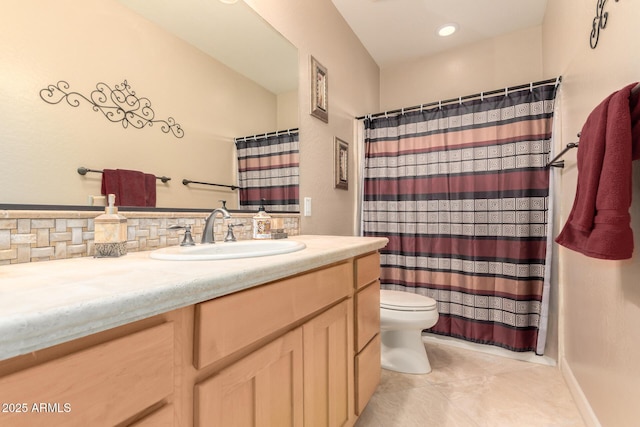 13336 W Via Caballo Blanco, Peoria, AZ 85383 - full bathroom with decorative backsplash, vanity, curtained shower, toilet, and tile patterned flooring