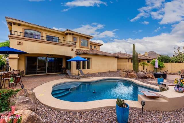 13336 W Via Caballo Blanco, Peoria, AZ 85383 - view of pool with fence, a patio area, a fenced in pool, and ceiling fan