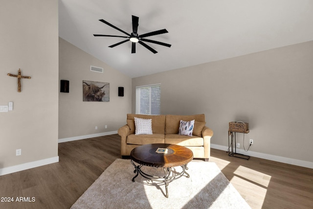 living room with hardwood / wood-style floors, high vaulted ceiling, and ceiling fan