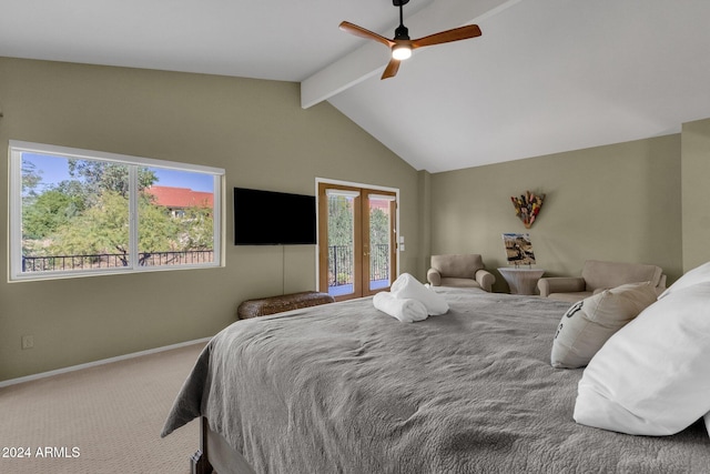 carpeted bedroom featuring vaulted ceiling with beams, french doors, access to exterior, and ceiling fan