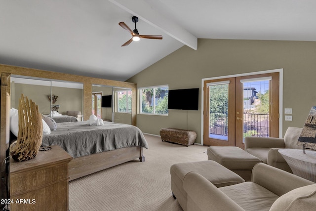 carpeted bedroom featuring multiple windows, french doors, access to exterior, and ceiling fan