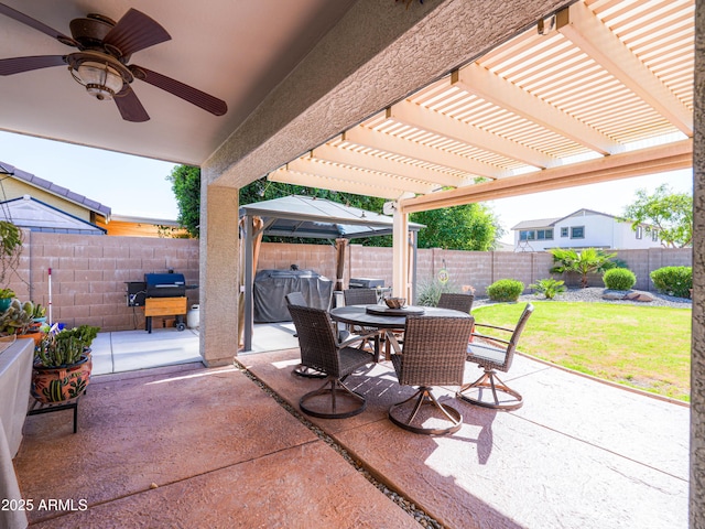 view of patio / terrace with a ceiling fan, a grill, a pergola, a fenced backyard, and outdoor dining space