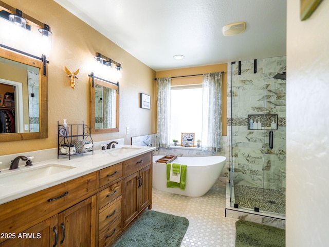 full bathroom featuring a freestanding bath, double vanity, a stall shower, and a sink