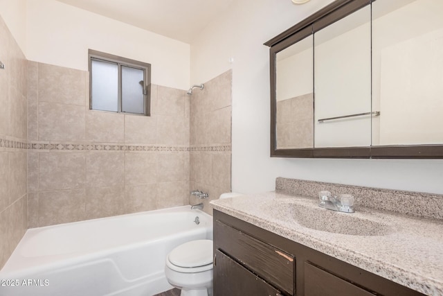 full bath with shower / bathtub combination, toilet, and vanity