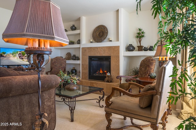 19700 N 76th St Unit 2001, Scottsdale, AZ 85255 - carpeted living room featuring built in shelves and a tiled fireplace