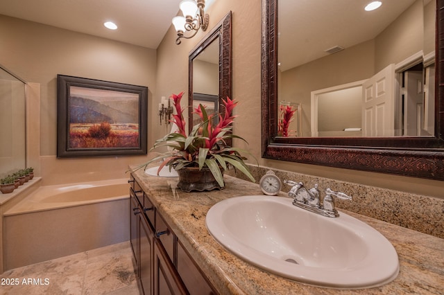 19700 N 76th St Unit 2001, Scottsdale, AZ 85255 - full bathroom with a bath, visible vents, double vanity, recessed lighting, and a sink