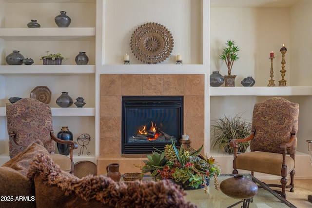 19700 N 76th St Unit 2001, Scottsdale, AZ 85255 - living room with built in features and a tile fireplace