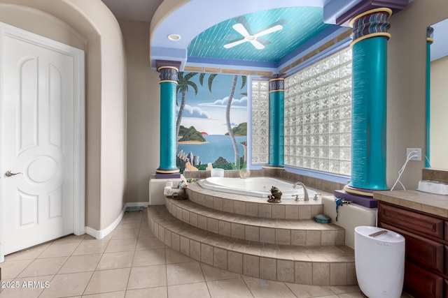 full bathroom with tile patterned floors, a bath, and a ceiling fan