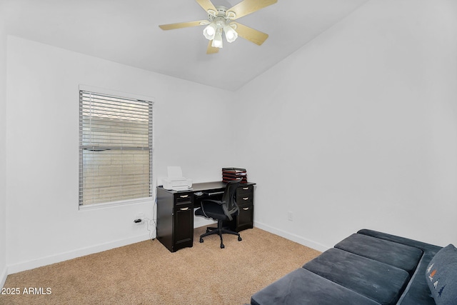 10226 W Country Club Trl, Peoria, AZ 85383 - office area with light carpet, baseboards, ceiling fan, and lofted ceiling