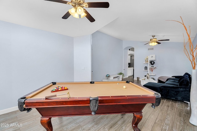 10226 W Country Club Trl, Peoria, AZ 85383 - game room featuring ceiling fan, arched walkways, billiards table, wood finished floors, and baseboards