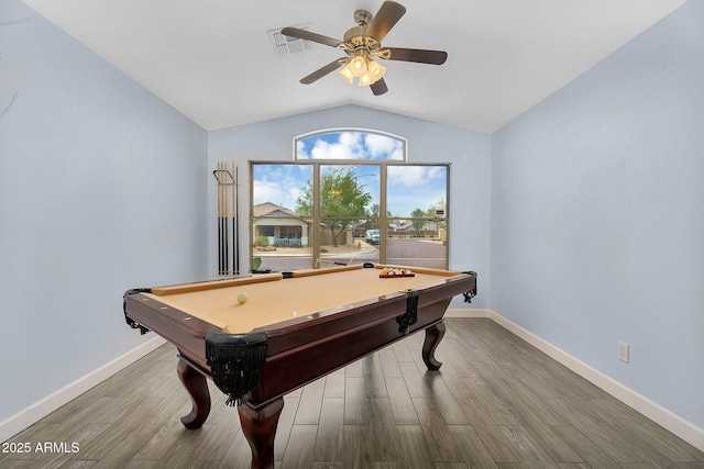 10226 W Country Club Trl, Peoria, AZ 85383 - game room with billiards table, vaulted ceiling, a ceiling fan, wood finished floors, and baseboards