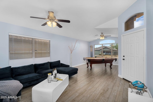 10226 W Country Club Trl, Peoria, AZ 85383 - living area featuring a ceiling fan, billiards, baseboards, light wood-style floors, and vaulted ceiling