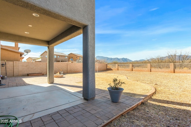 view of patio featuring a mountain view