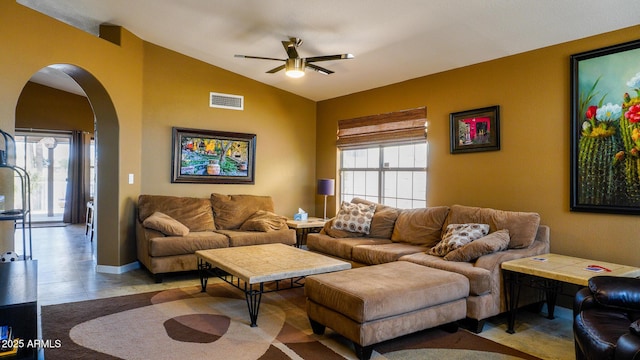 10952 S Desert Lake Dr, Goodyear, AZ 85338 - living area featuring visible vents, a ceiling fan, arched walkways, and vaulted ceiling