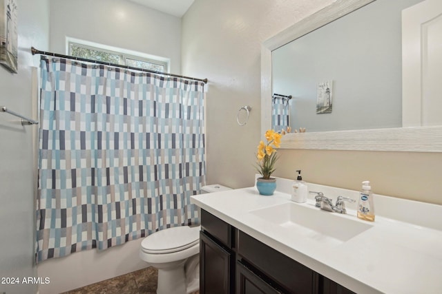 full bathroom with shower / bath combination with curtain, toilet, and vanity