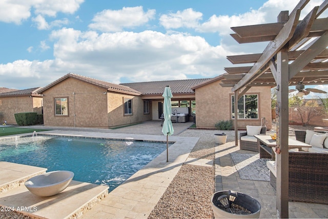 view of pool featuring outdoor lounge area, a patio area, a pergola, and pool water feature