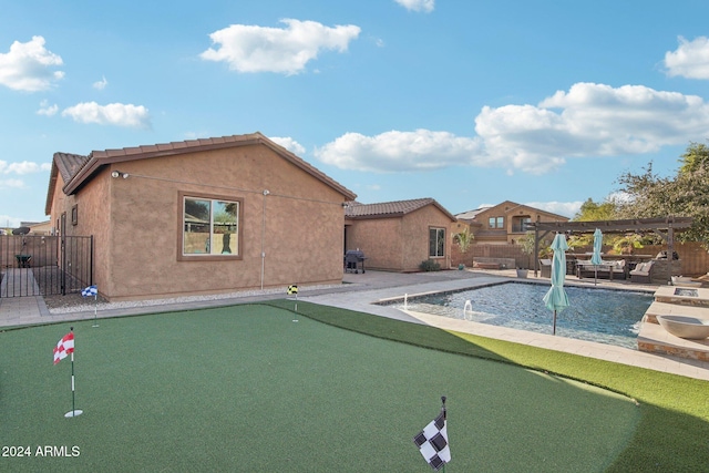 view of community with a pergola, a pool, and a patio area