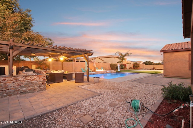 pool at dusk with a patio, a pergola, and area for grilling